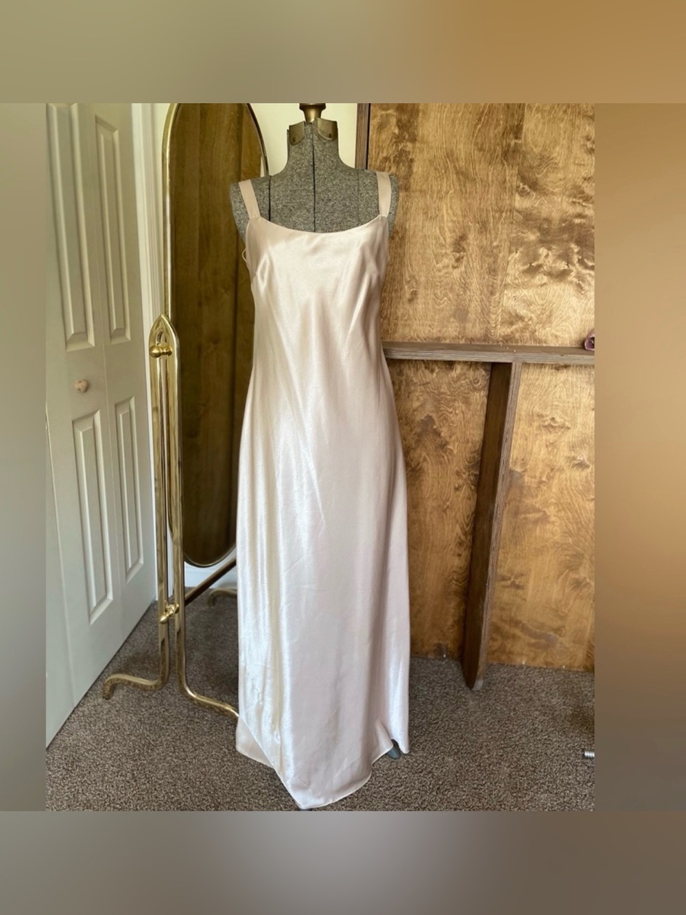Vintage Cache Satin Slip Dress Shimmering Satin Fabric 90s champagne full length